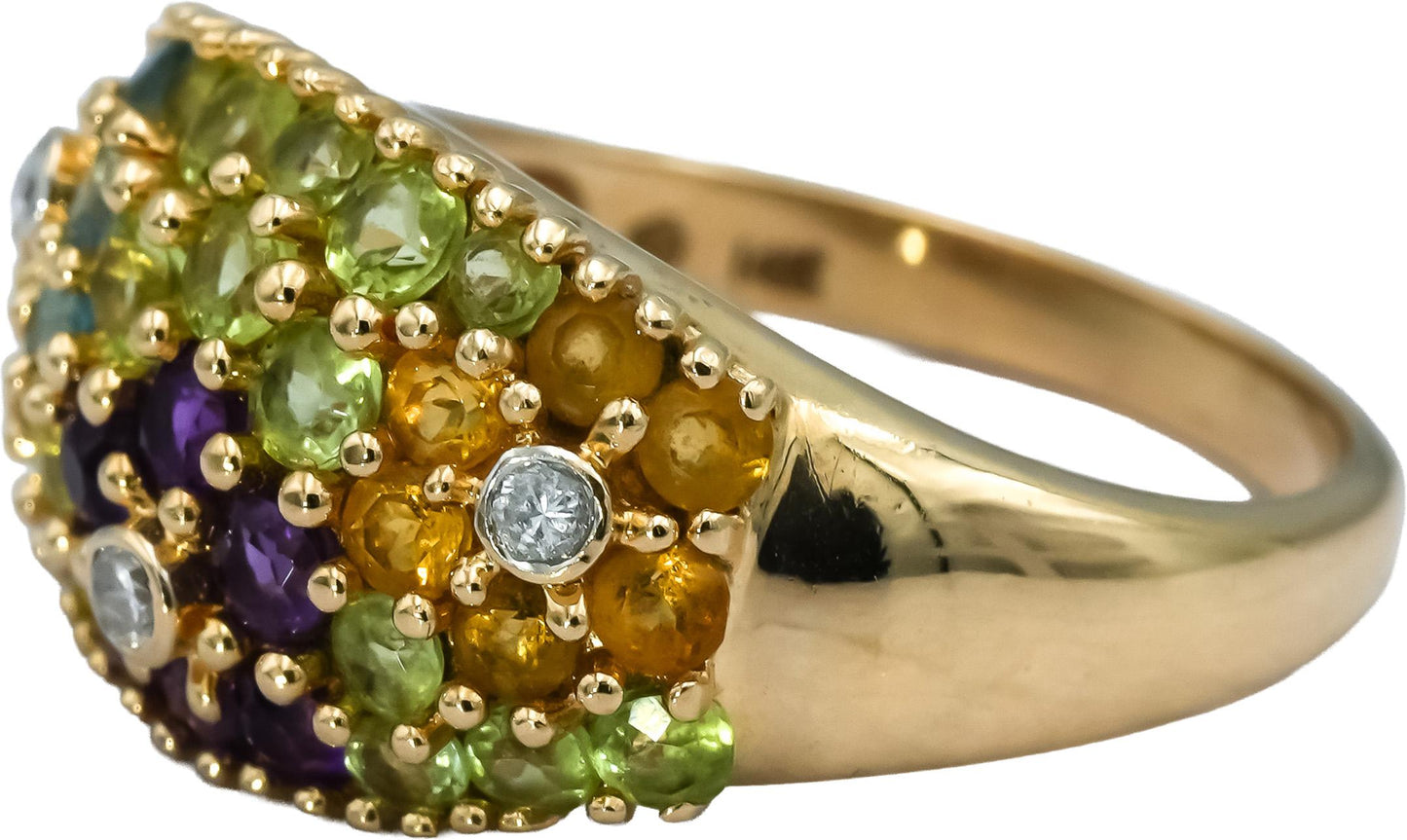 14k Yellow Gold Diamond and Assorted Gemstone Cluster Ring 0.05CT Size 6.5