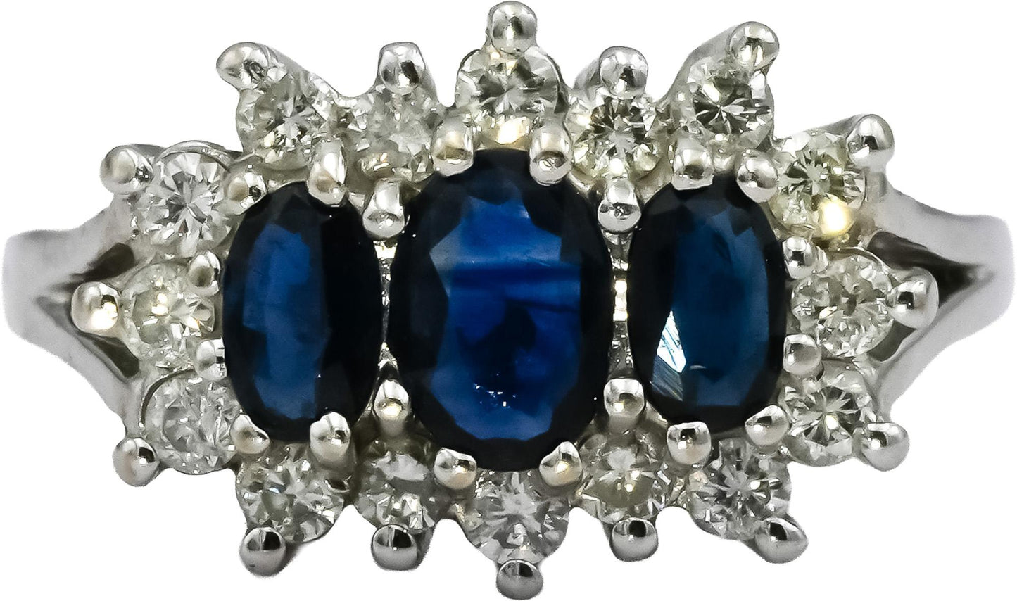 14k White Gold Blue Sapphire and Diamond Cocktail Ring 1.50CT Size 7