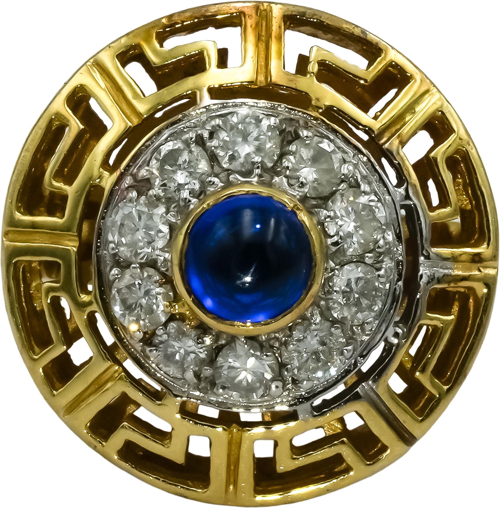 14k Yellow & White Gold Diamond Cabochon Sapphire Greek Key Ring .50CT Size 5