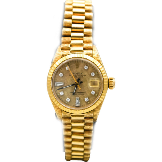ROLEX Vintage 18k Gold Lady-Datejust Custom Dial Bark Finish Watch Ref 6917
