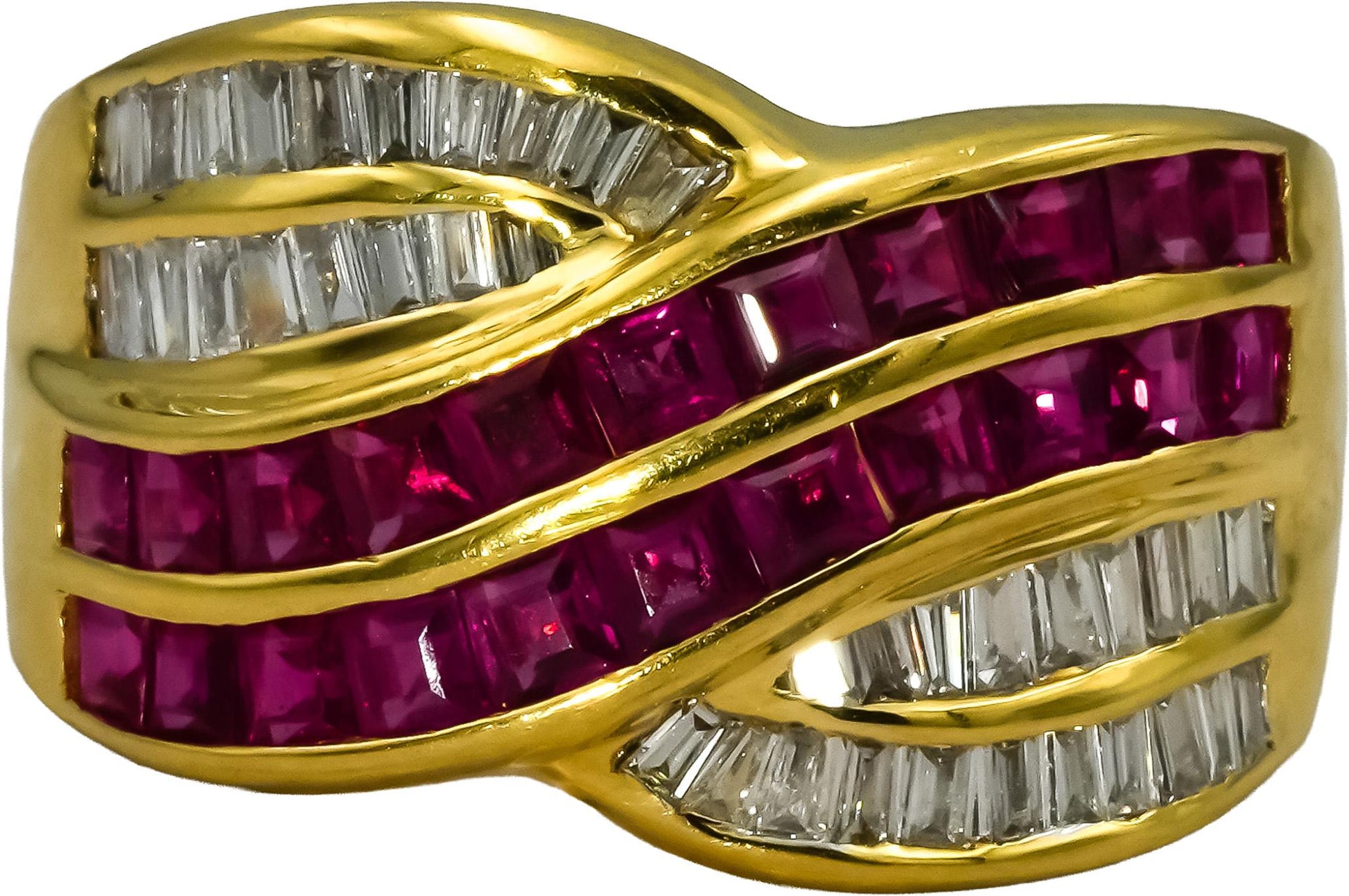 LE VIAN 18k Yellow Gold Diamond and Ruby Crossover Band Ring 2.0CT Size 7