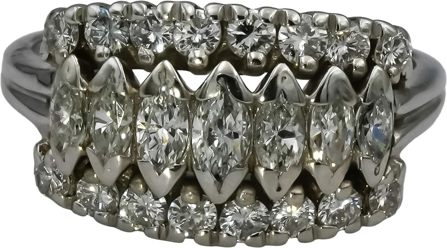 Vintage 14k White Gold VS Round and Marquise Diamond Ring 1.0CT Size 7