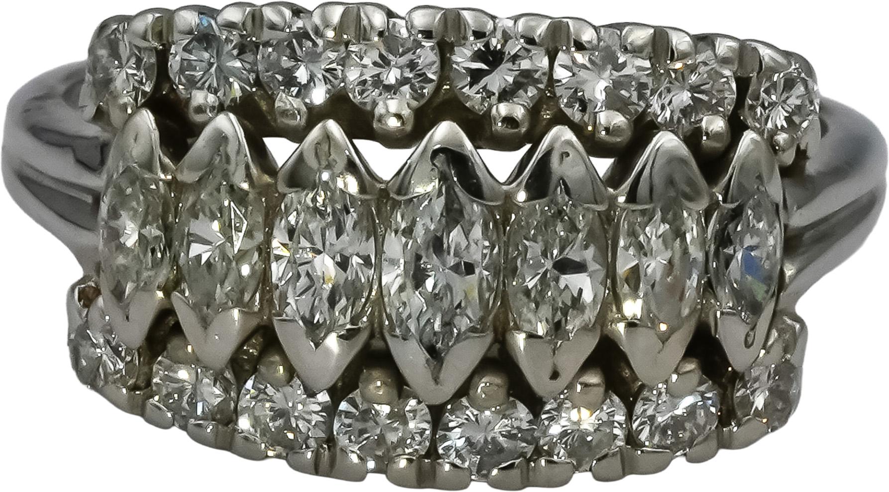 Vintage 14k White Gold VS Round and Marquise Diamond Ring 1.0CT Size 7