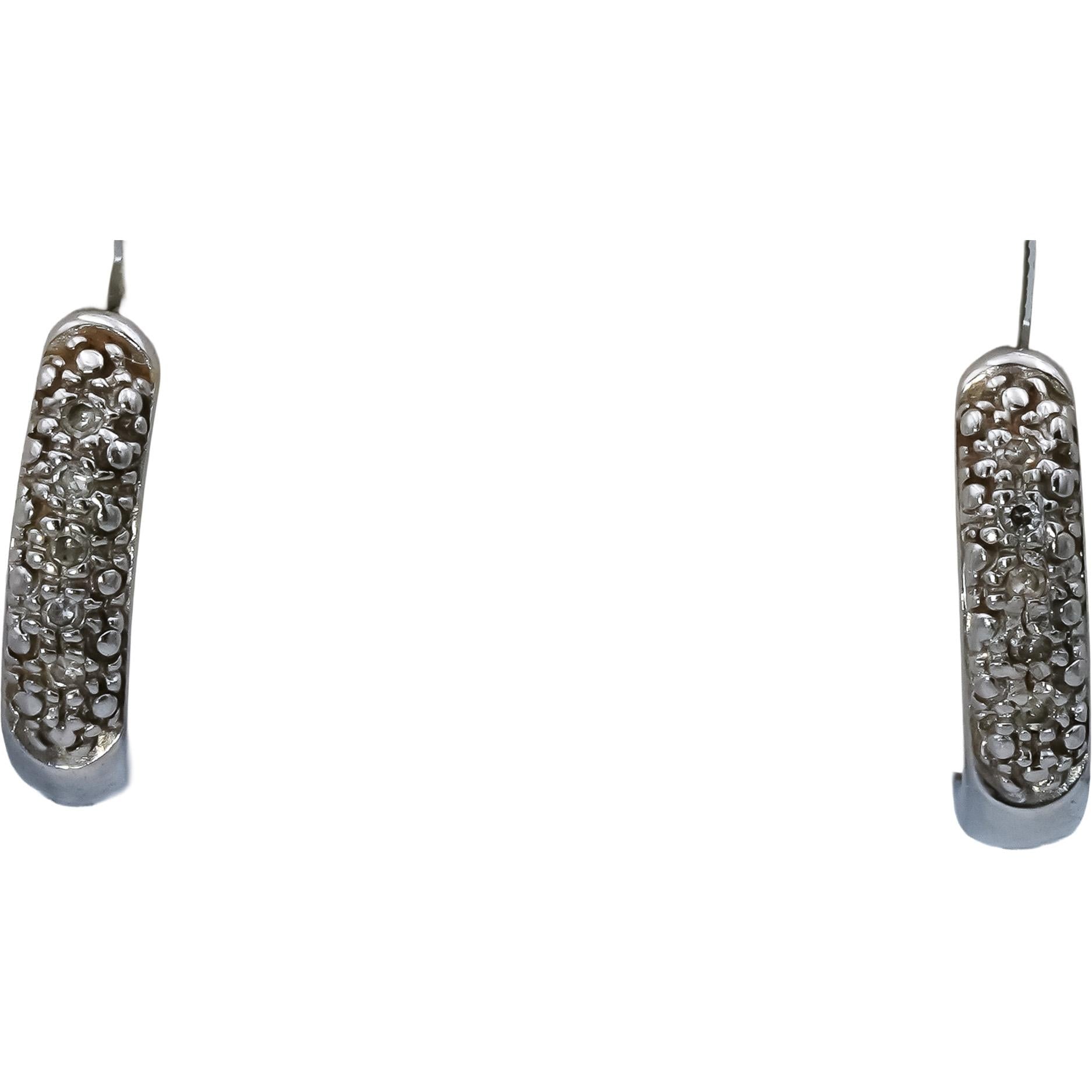 14k White Gold Round Pave Diamond Hoop Huggie Earrings 0.10CT