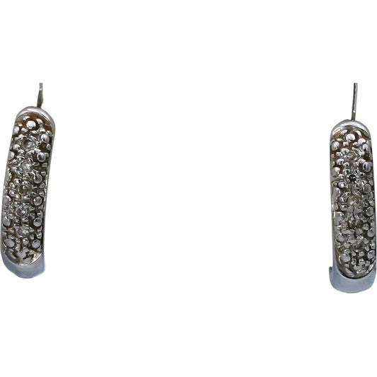 14k White Gold Round Pave Diamond Hoop Huggie Earrings 0.10CT