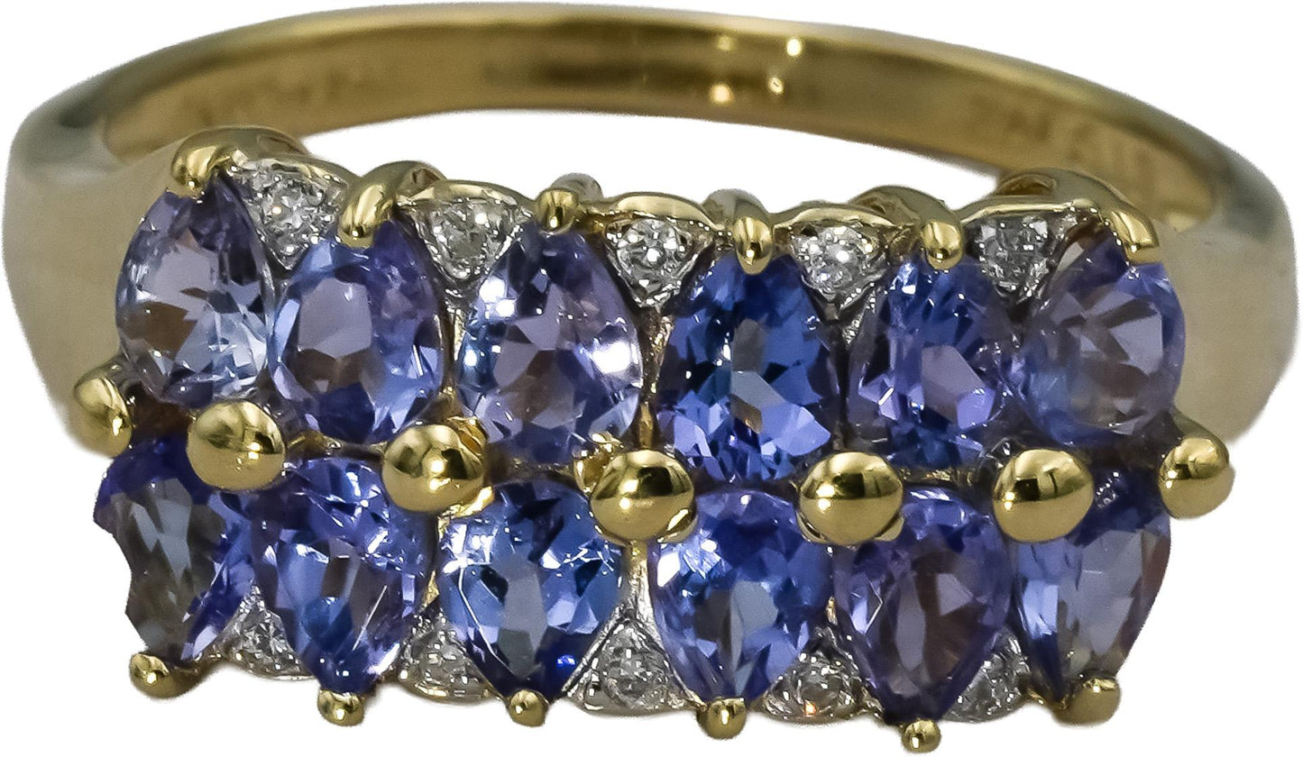 14k Yellow Gold Pear Tanzanite Cocktail Ring 2.40CT Size 8.25 w/ Diamond Accents