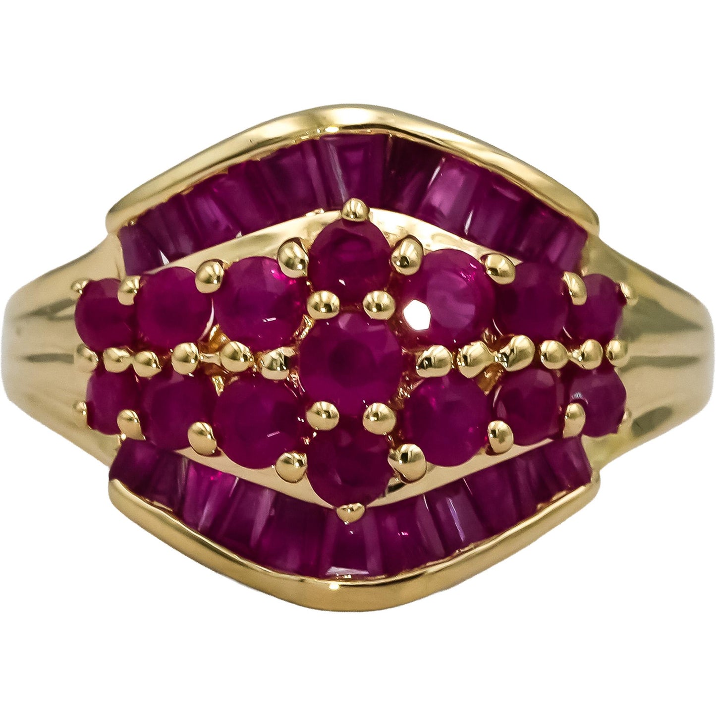 14k Yellow Gold Round and Baguette Cut Ruby Cocktail Ring 1.50CT Size 9.25