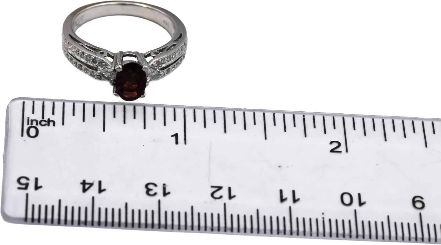 14k White Gold Round Diamond and Oval Garnet Ring 1.08CT Size 6