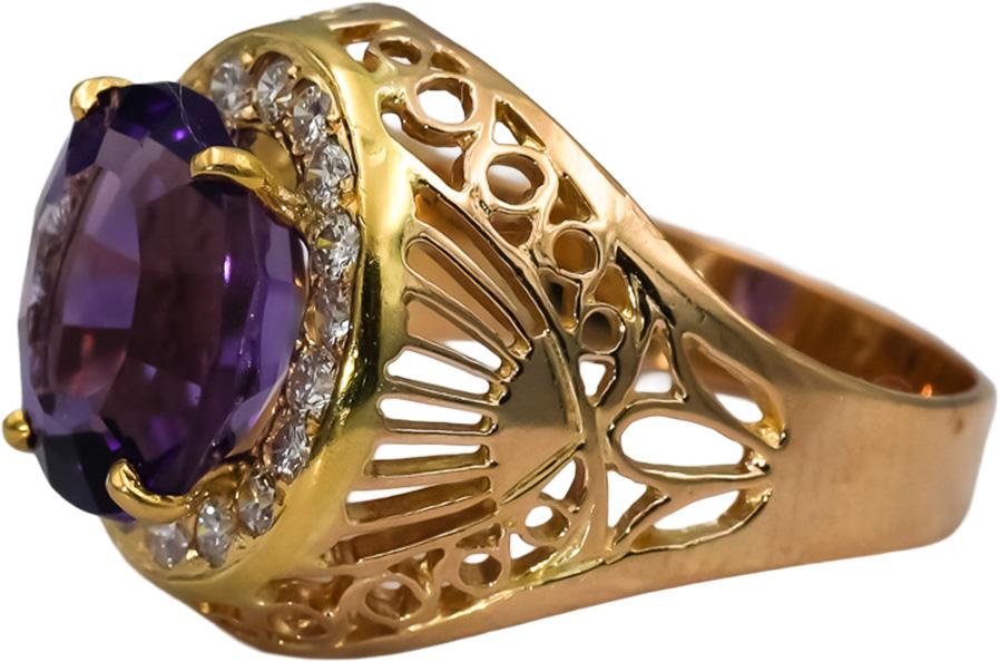 14k Yellow Gold Diamond and Amethyst Cocktail Ring 8.50CT Size 8.75