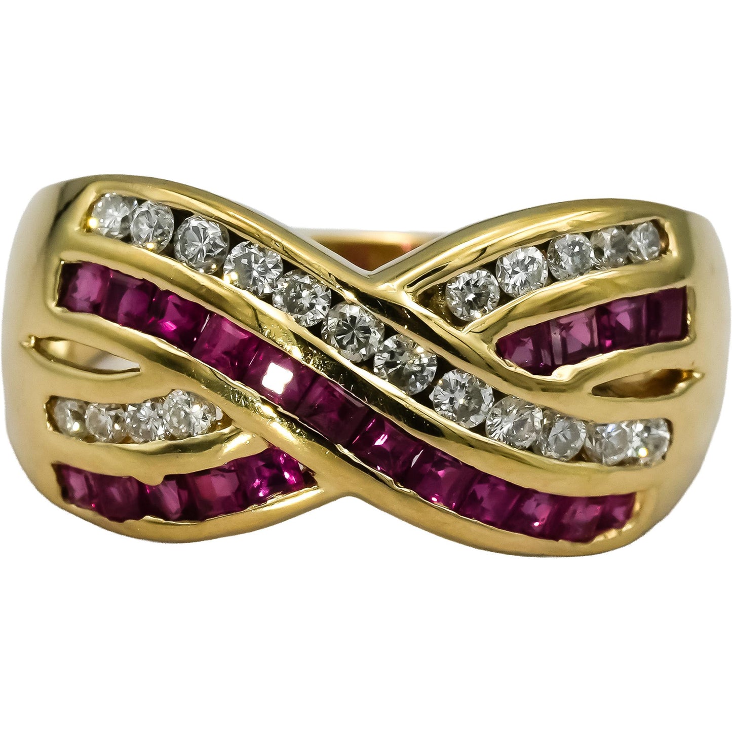 14k Yellow Gold Diamond and Ruby Crossover Band Ring 1.25CT Size 8