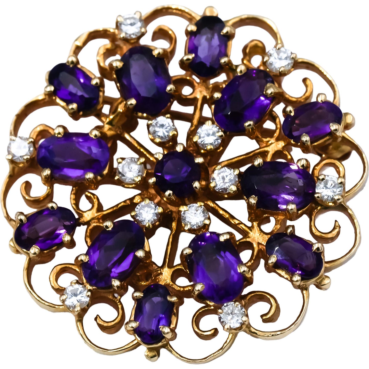 14k Yellow Gold Diamond and Amethyst Pendant Brooch Pin 5.50CT