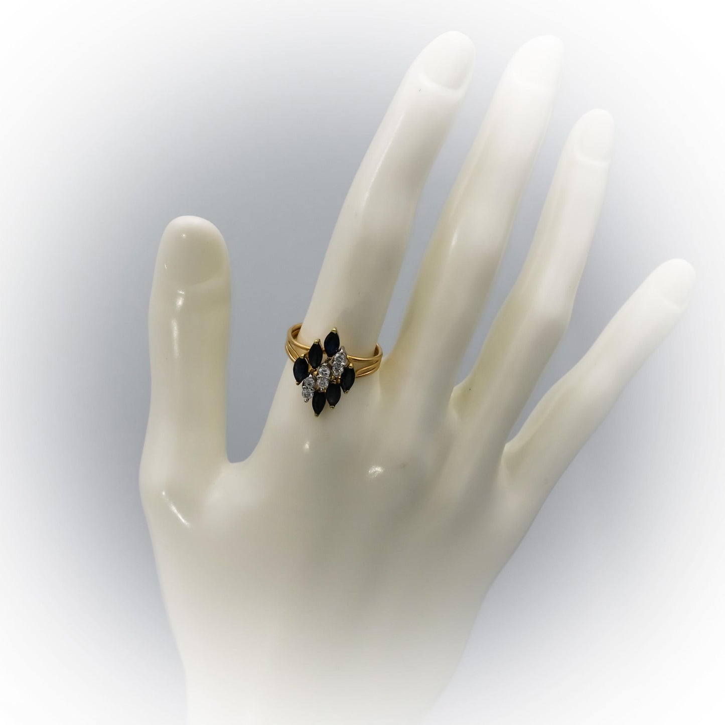 14k Yellow Gold Round Diamond Marquise Sapphire Cocktail Ring 1.05CT Size 7