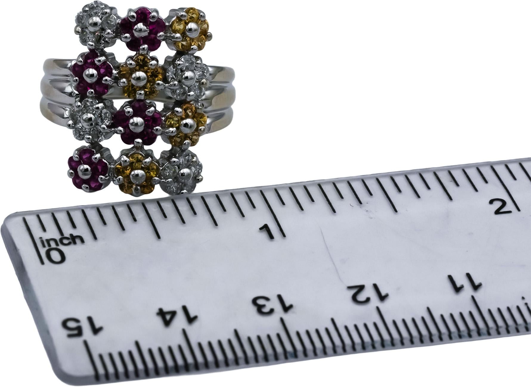 14k White Gold Diamond and Multicolor Gemstone Cluster Ring 0.40CT Size 7