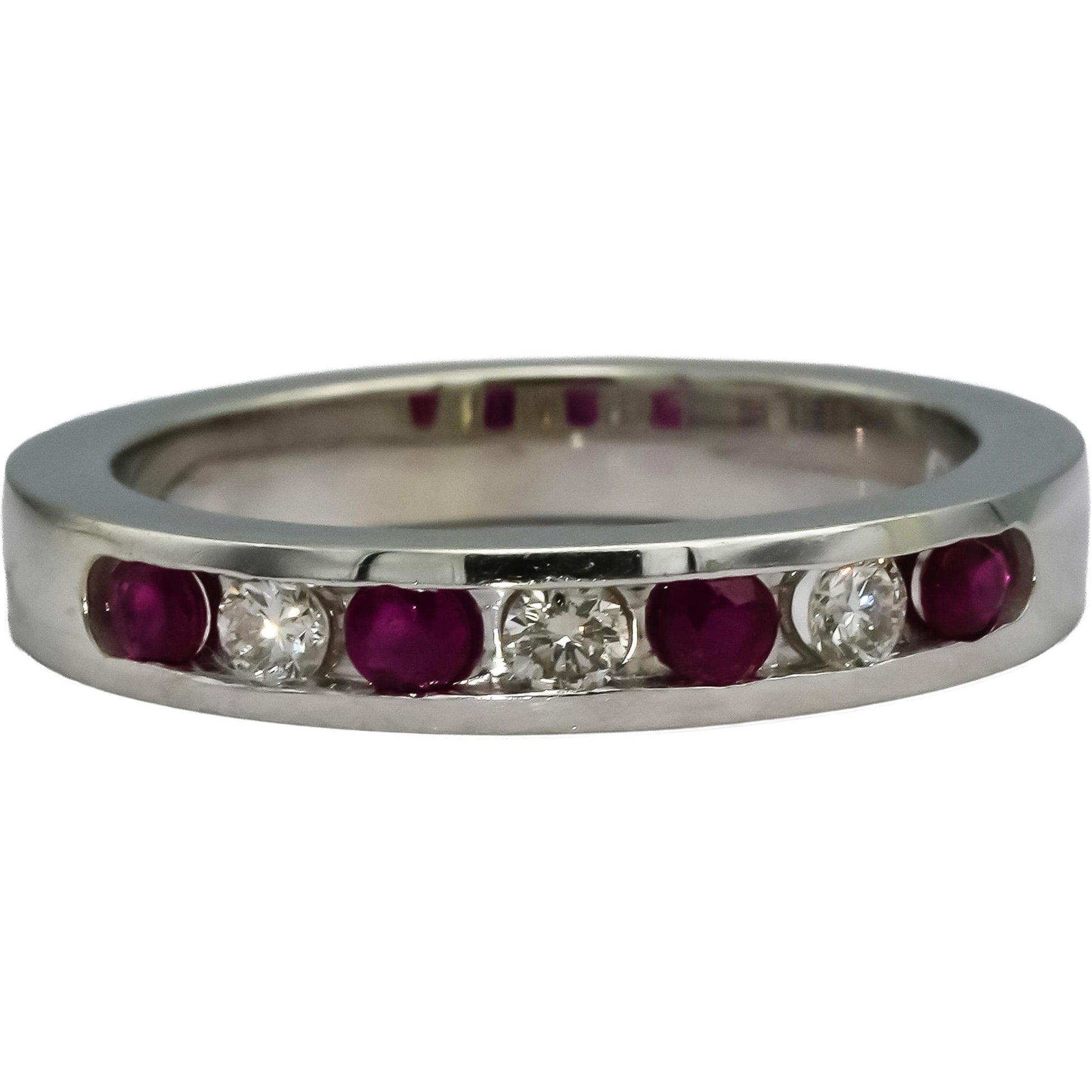 14k White Gold Round Channel Set Ruby and Diamond Band Ring 0.35CT Size 6.75