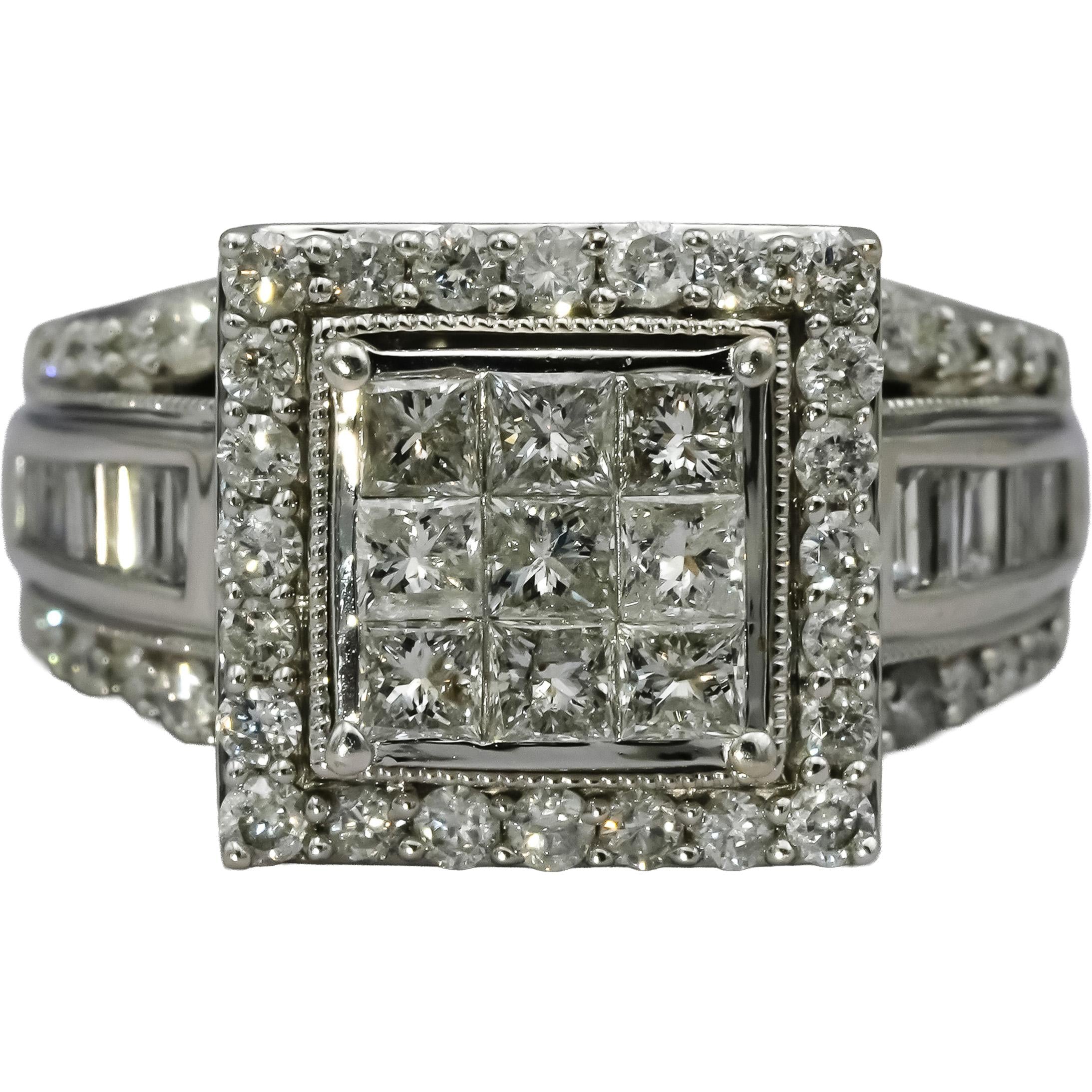 10k White Gold Princess Baguette Round Diamond Cluster Ring 2.0CT Size 8