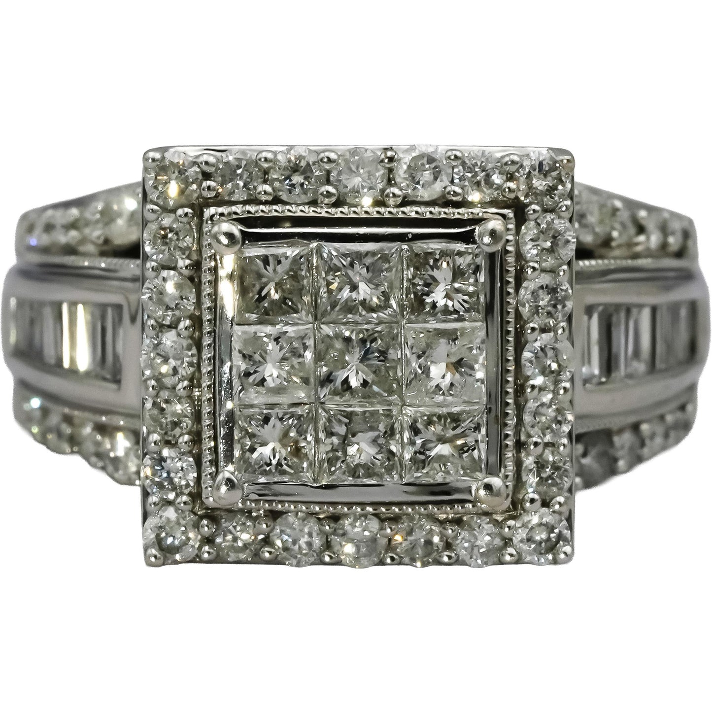 10k White Gold Princess Baguette Round Diamond Cluster Ring 2.0CT Size 8