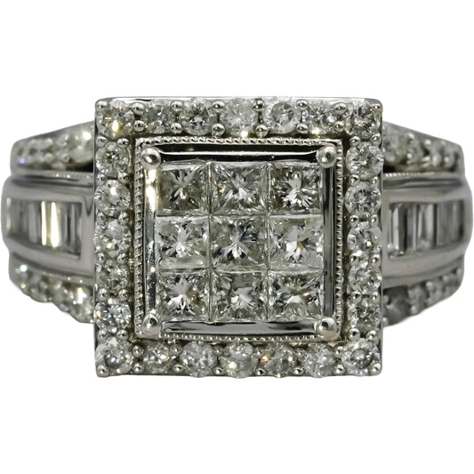 10k White Gold Princess Baguette Round Diamond Cluster Ring 2.0CT Size 8