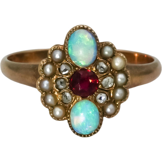 Victorian Antique 10k Gold Rose Cut Diamond Opal Ruby Pearl Cocktail Ring Size 7
