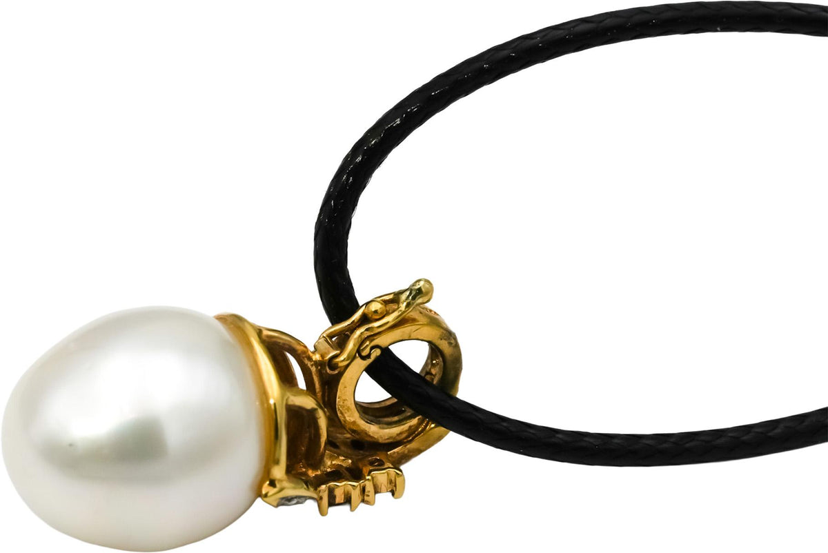 18k Yellow Gold Round Diamond and 12.5mm Pearl Pendant Necklace 0.10CT