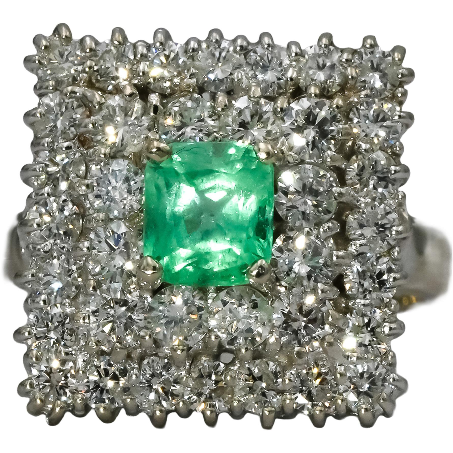 14k White Gold Round Diamond and Cushion Emerald Cocktail Ring 1.90CT Size 6.75