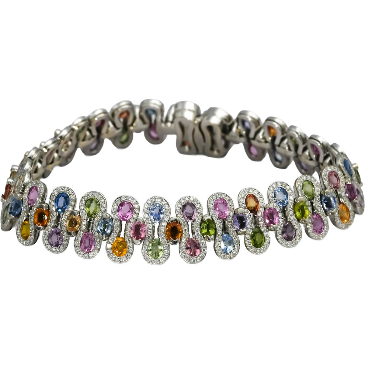 18k White Gold Diamond and Rainbow Sapphire Fancy Link Bracelet 4.0CT