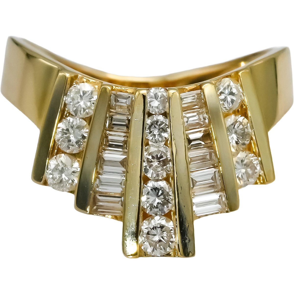 14k Yellow Gold Round and Baguette Cut Diamond Crown Ring 0.90CT Size 6.25