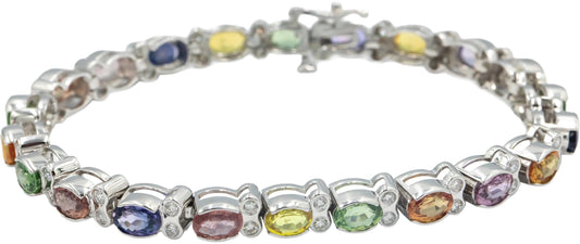 Estate 14k White Gold Rainbow Sapphire and Diamond Tennis Bracelet 11.35CT