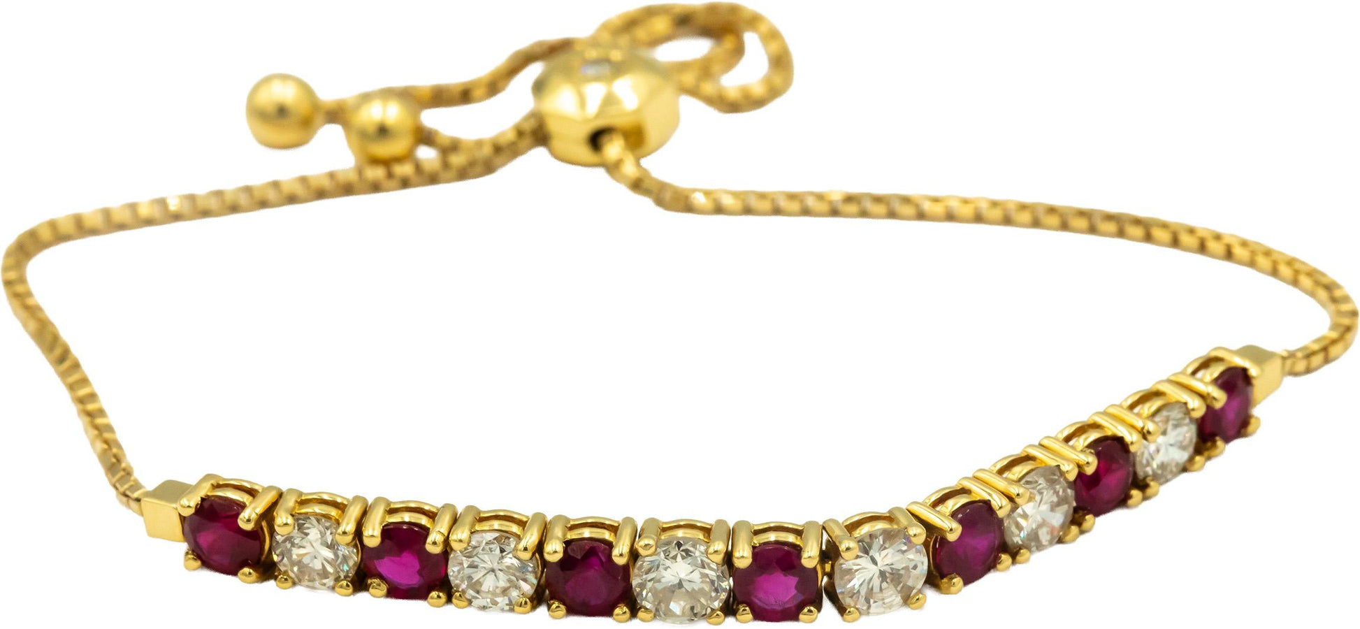 18k Yellow Gold Round Diamond and Ruby Adjustable Size Tassel Bracelet 3.57