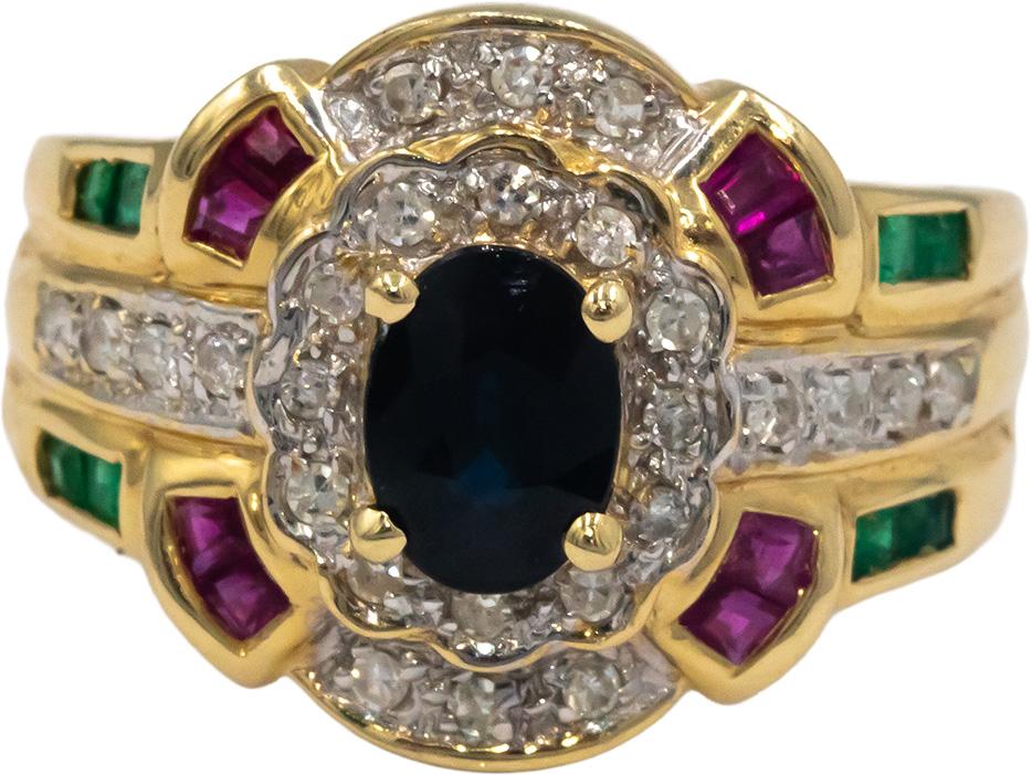 14k Yellow Gold 0.88CT Diamond Sapphire Emerald Ruby Cocktail Ring Size 6