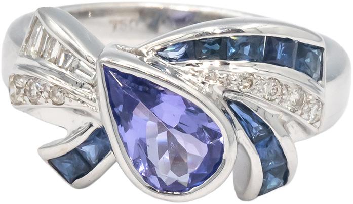 18k White Gold Diamond Tanzanite Sapphire Ribbon Cocktail Ring 1.40CT Size 7