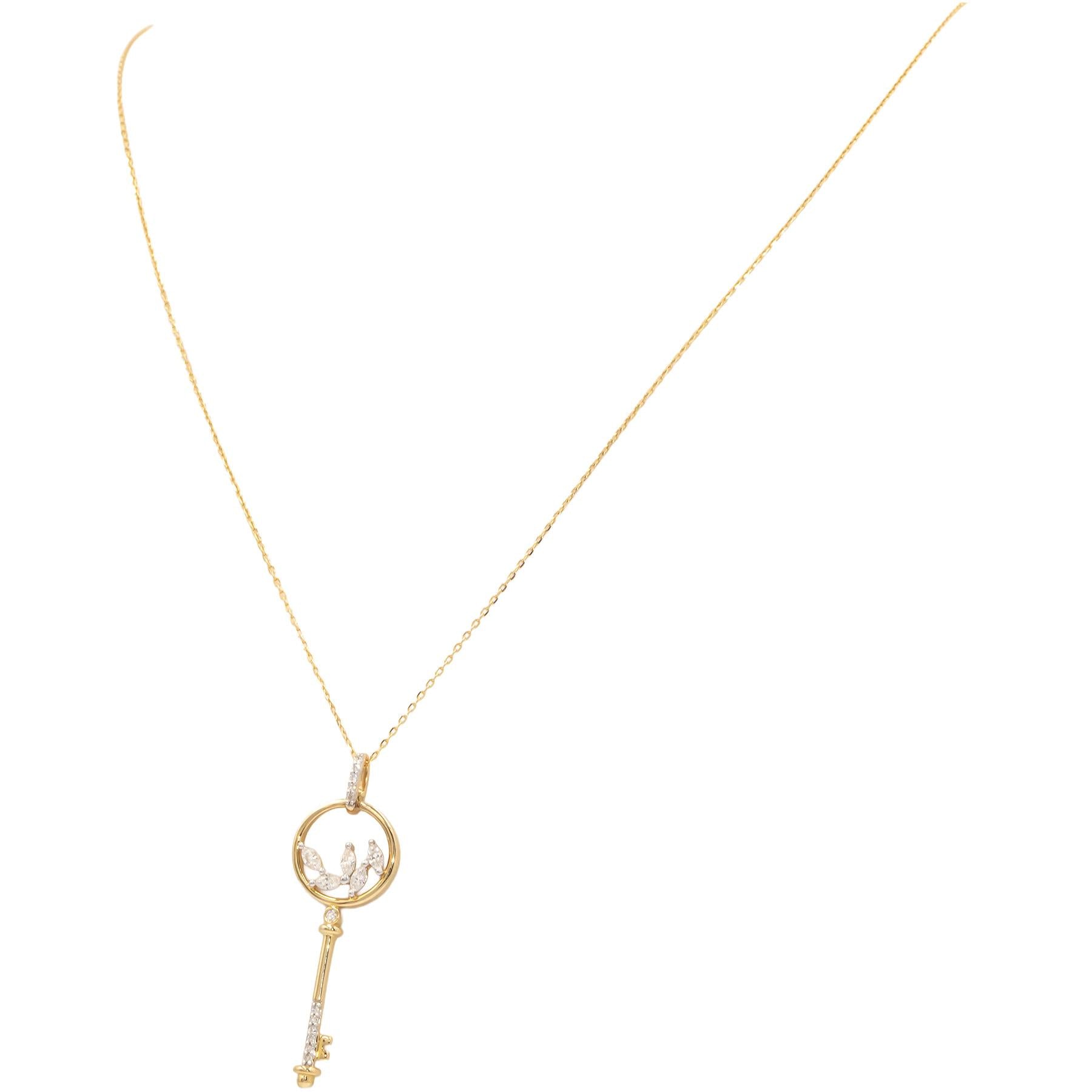 10K White & Yellow Gold Marquise Diamond Dangle Key Pendant Necklace
