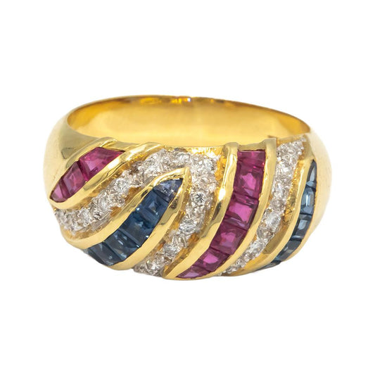 KALATI 18k Yellow Gold 1.10CT Diamond Ruby Sapphire Band Ring Size 7