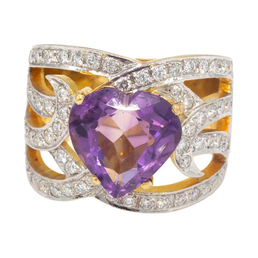 18k Yellow Gold 4.50CT VS Diamond and Amethyst Heart Cocktail Ring Size 6.5
