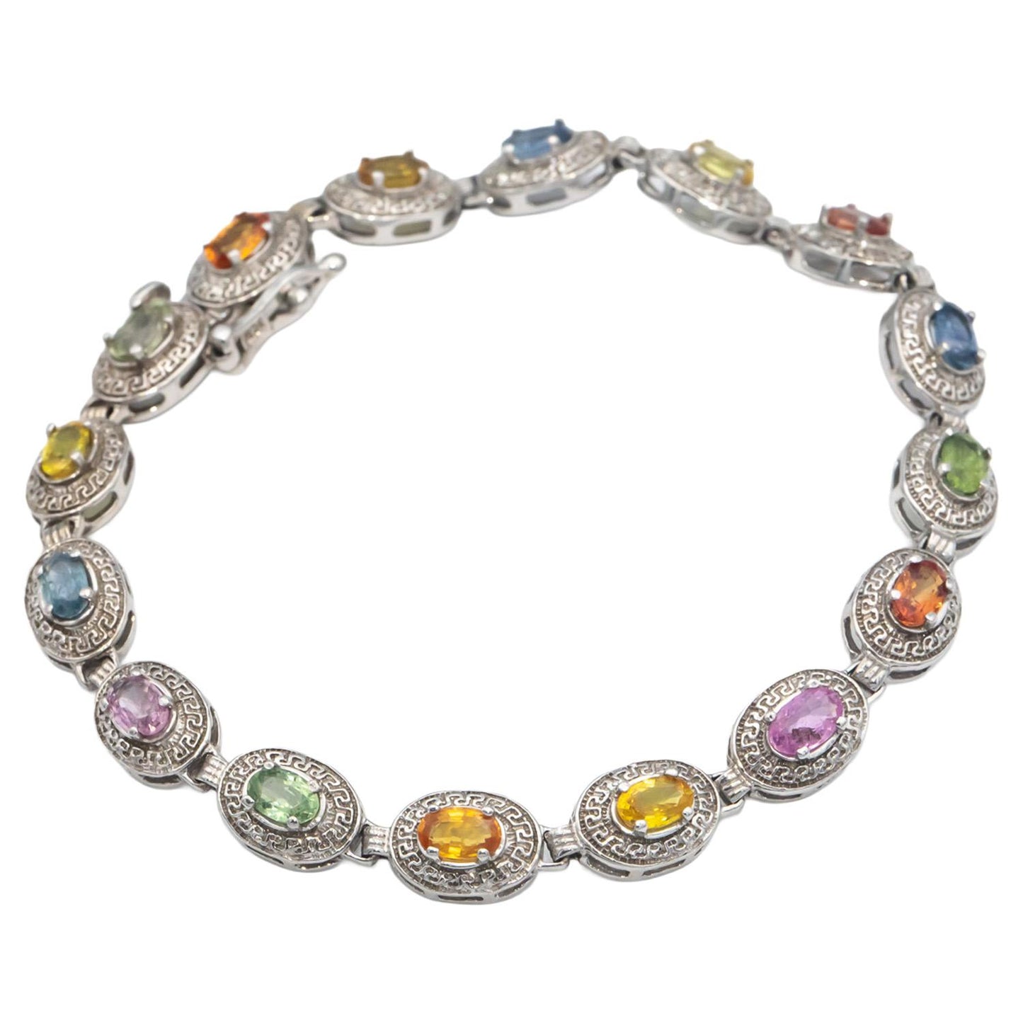 14k White Gold Oval Cut Rainbow Sapphire Fancy Link Bracelet 4.0CT