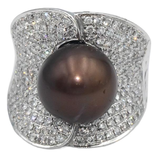 18k White Gold Diamond and  Pearl Cluster Ring 12mm Pearl 3.0CT Size 7