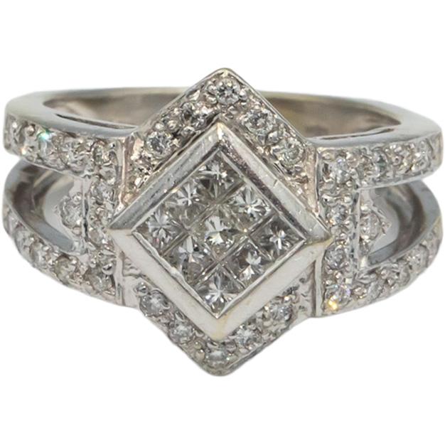 14k White Gold VS Princess and Round Cut Diamond Pave Ring 0.80CT Size 5.25