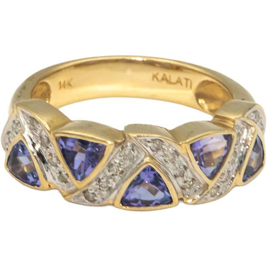 KALATI Designer 14k Yellow Gold 0.90CT Diamond and Tanzanite Ring Size 6.75