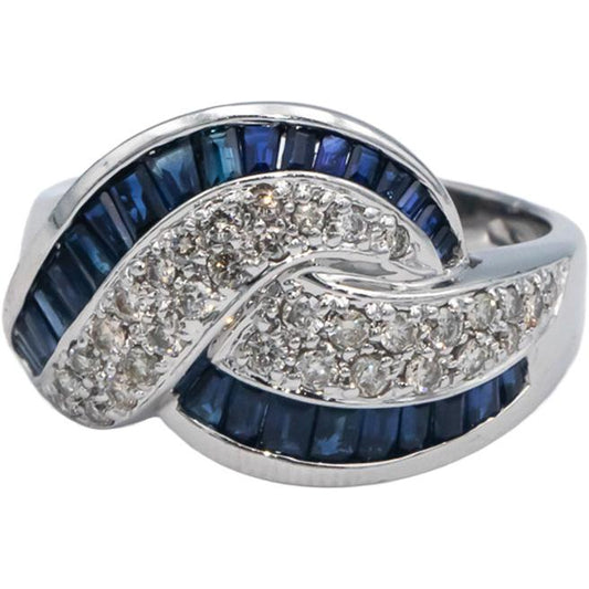14k White Gold 1.40CT Diamond and Blue Sapphire Swirl Cluster Ring Size 7