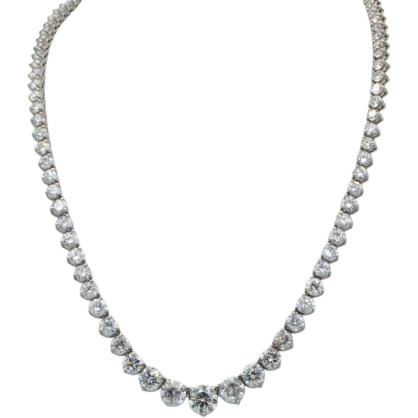 Round Cut Diamond 18k White Gold Riviera Necklace Graduated Width 30.93CT