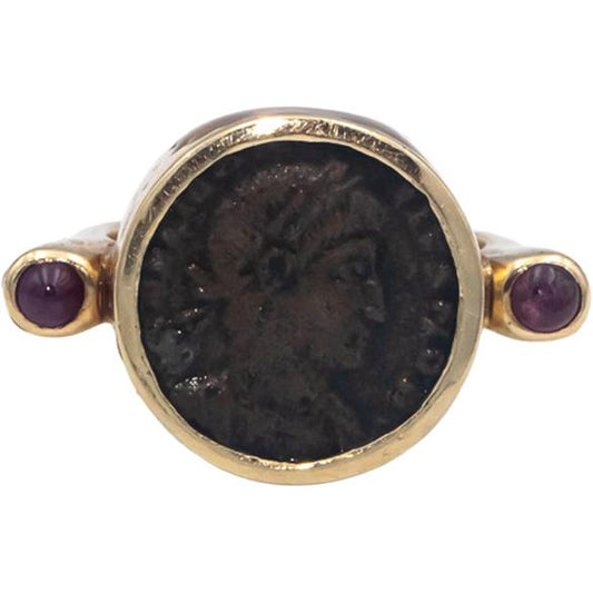 14k Yellow Gold 0.20CT Roman Coin and Cabochon Ruby Cocktail Ring Size 5.5