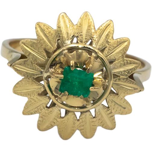 18k Yellow Gold Emerald Solitaire Floral Cocktail Ring 0.25CT Size 6.75
