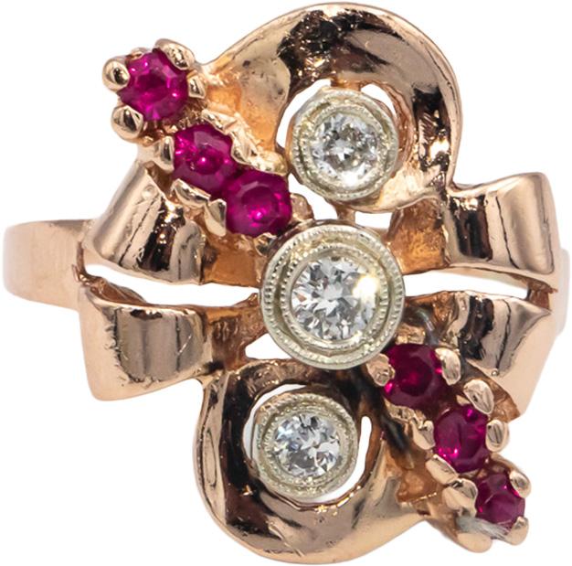 Vintage Retro 14k Rose Gold 0.55CT Diamond & Ruby Ring Size 9.75