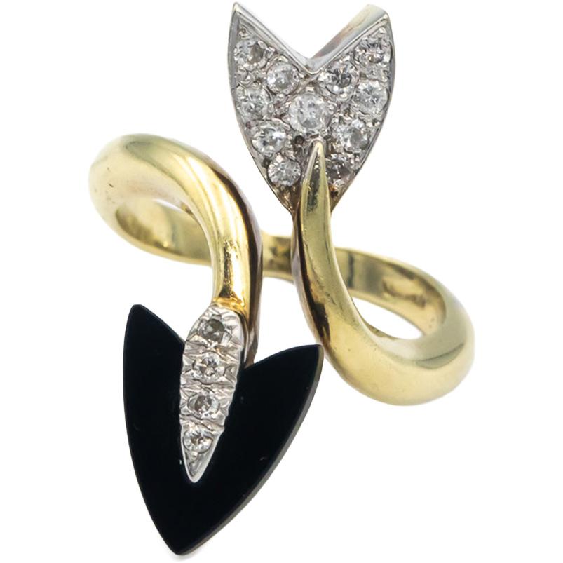 14k Yellow Gold Round Diamond and Onyx Arrow Bypass Ring 0.27CT Size 7