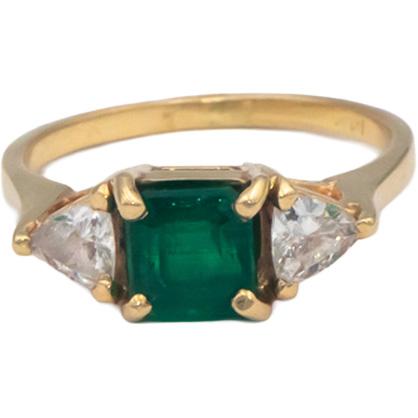 14k Yellow Gold 1.35CT Diamond and Emerald Three Stone Band Ring Size 5.25