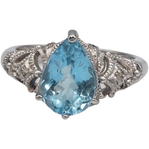 14k White Gold Jewelry 2.02CT Diamond and Aquamarine Filigree Ring Size 6.5