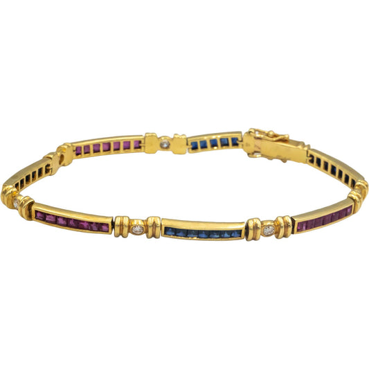 Designer 18k Yellow Gold Diamond Ruby Sapphire Tennis Bracelet 5.49CT