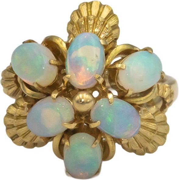18k Yellow Gold Cabochon Opal Flower Cluster Ring 1.50CT Size 6