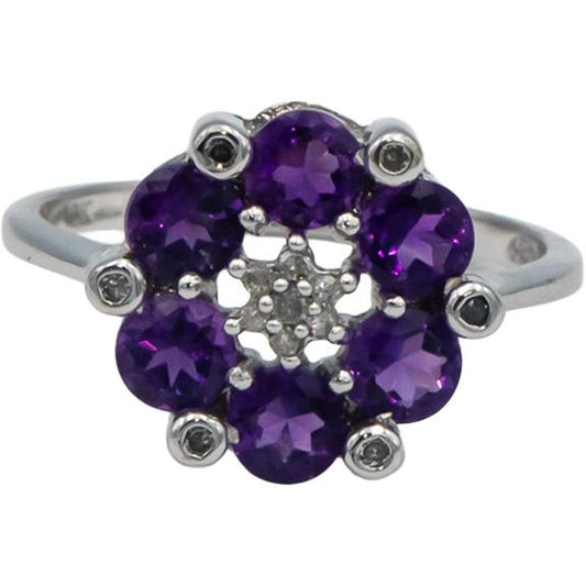 10k White Gold 1.25CT Diamond and Amethyst Flower Cocktail Ring Size 7