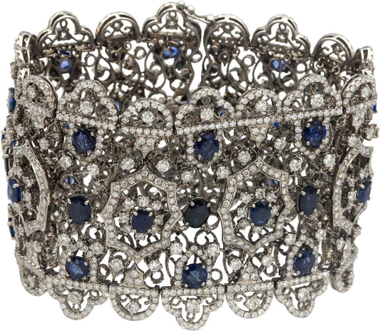 Diamond & Vibrant Blue Sapphire 18k White Gold Formal Bracelet 28.5CT