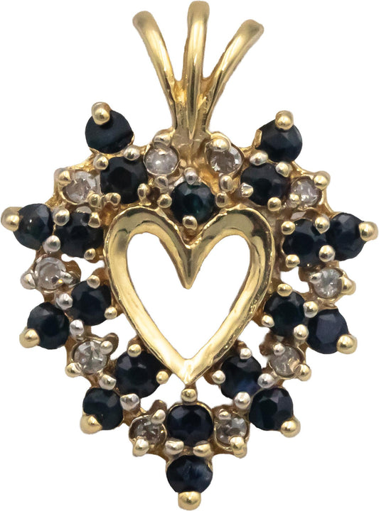 14k Yellow Gold 0.75CT Diamond and Sapphire Cluster Heart Pendant